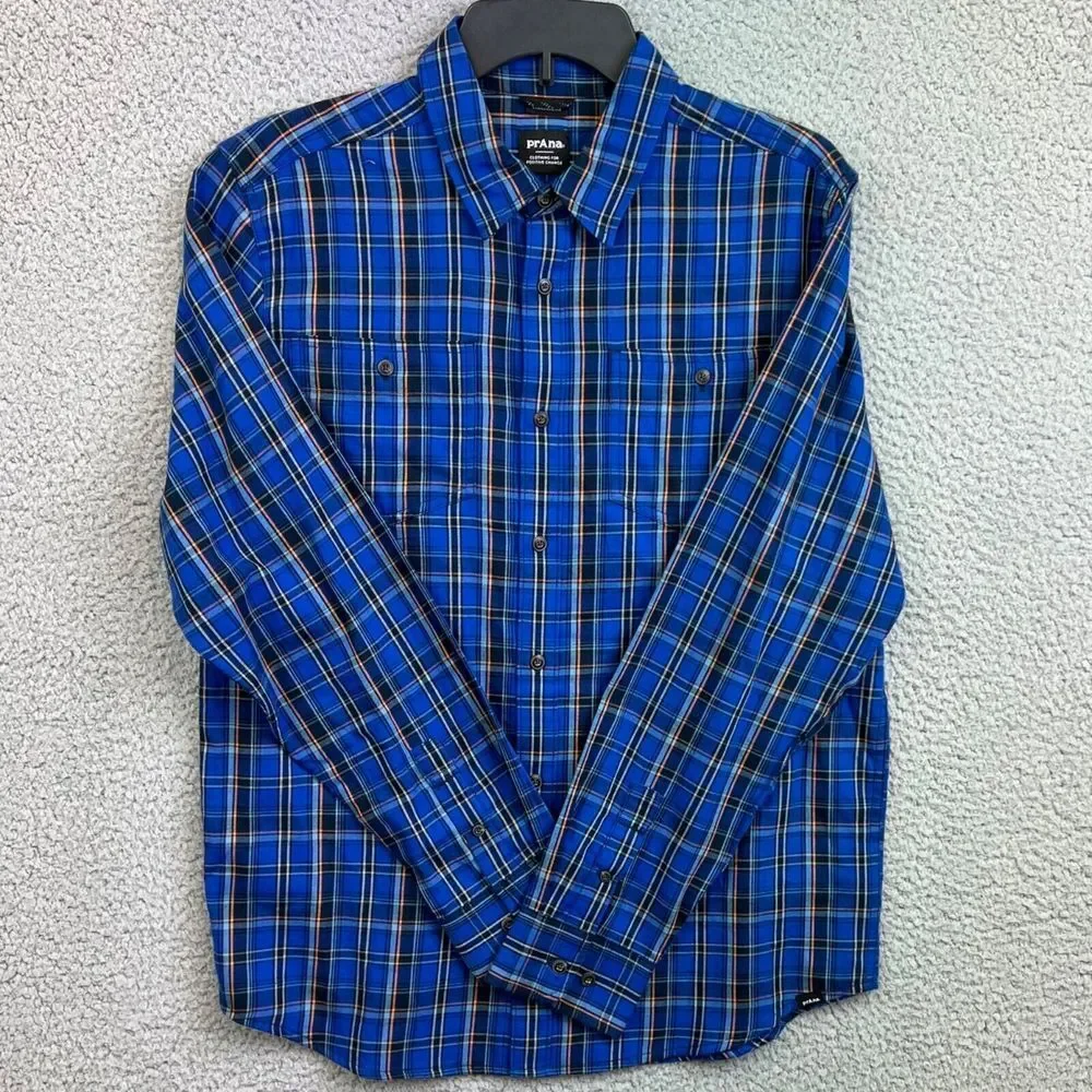PrAna Mens Shirt Blue Dolberg Flannel Shirt Plaid Button Up Organic‎ Cotton Sz S